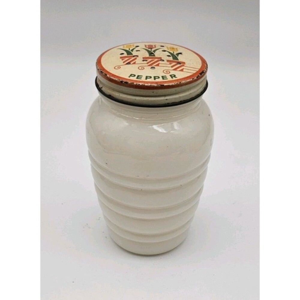 Vintage Fire King Anchor Hocking Custard Ribbed Glass Pepper Shaker Tulip Lid
